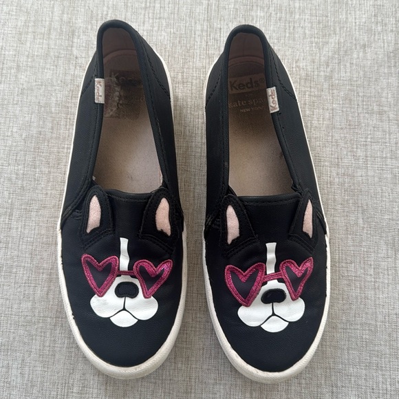 Kate‎ Spade Keds Shoes Girls Size 3 Black Dog Leather Slip On Back to School - Picture 1 of 11